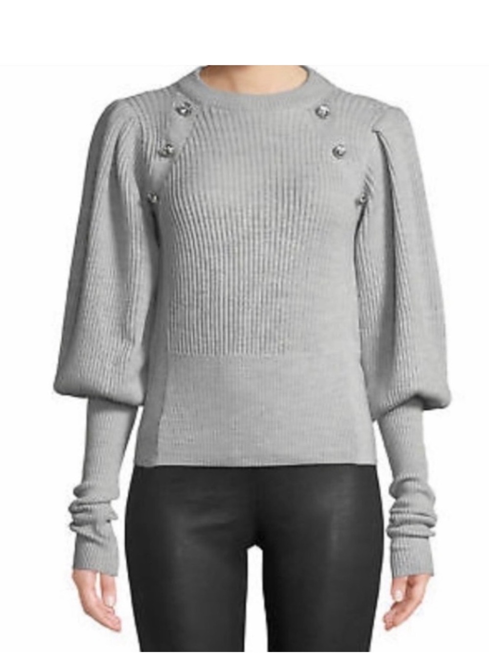 Veronica Beard Light Gray Ribbed Balloon-Sleeve Sweater with Decorative Buttons